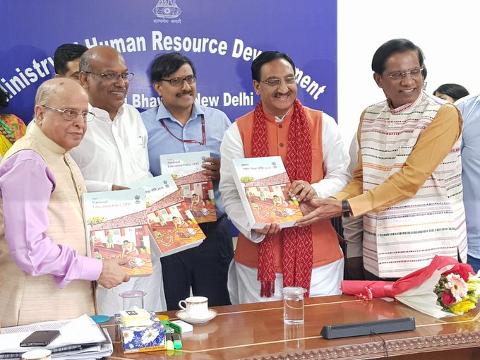 R Subrahmanyam with the minister, HRD, at the release of the draft New Education Policy  (Source: Twitter / R Subrahmanyam)