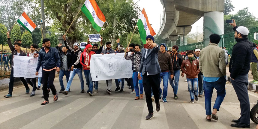 Students protesting against CAA at Jamia Millia Islamia University on December 16, 2019