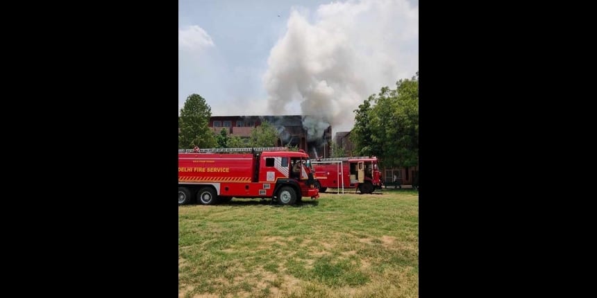 Fire trucks dousing the fire at Ram Lal Anand College (Source: National Students' Union of India)