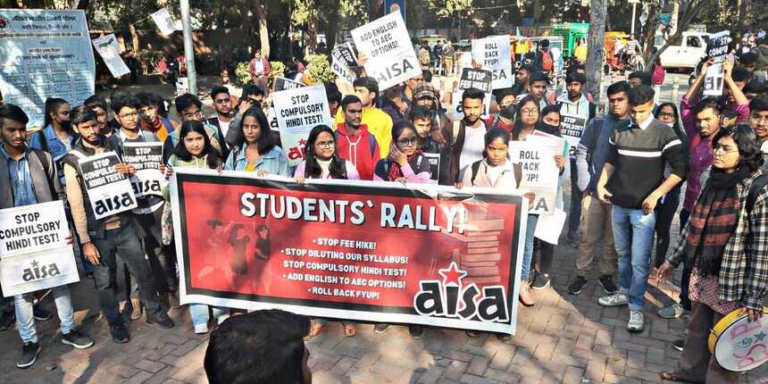 Student rally against FYUP at DU. (Picture: AISA statement)
