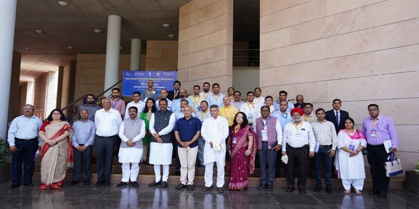 Dharmendra Pradhan with education ministers and delegation of states and UTs at NFSU Gandhinagar. (Image: Twitter @dpradhanbjp)