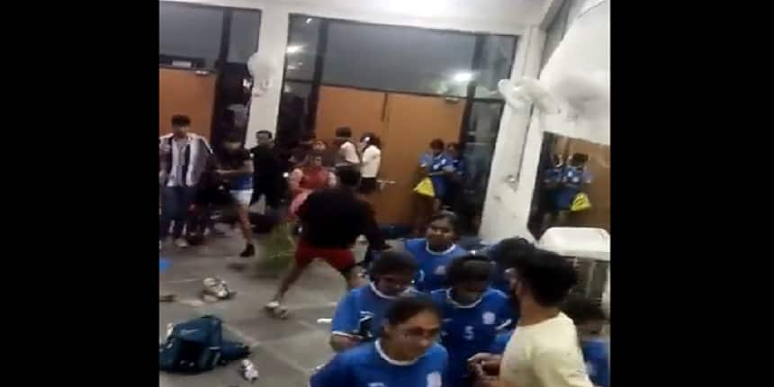 Kabaddi players of two participating colleges fight over score in IIT Kanpur Udghosh sport festival. (Image: Video grab/X)