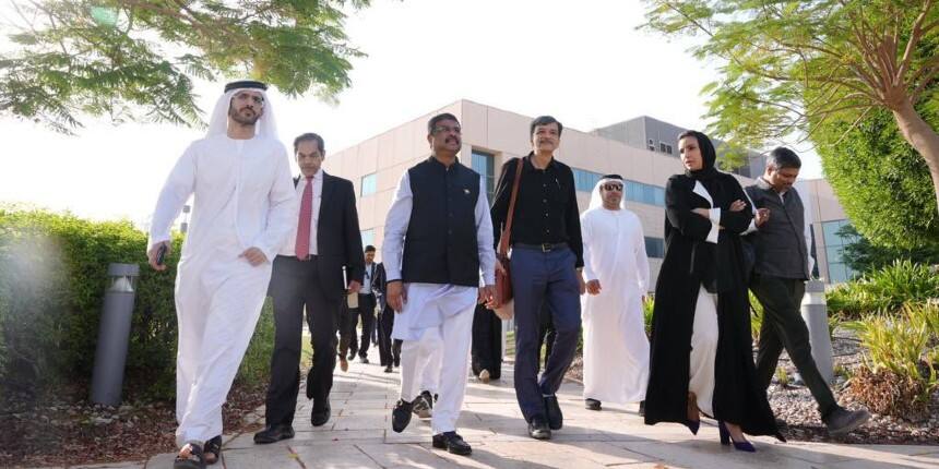 Dharmendra Pradhan and HE Sara Musallam took a tour of the interim campus of IIT Delhi-Abu Dhabi . (Image: X/@dpradhanbjp)