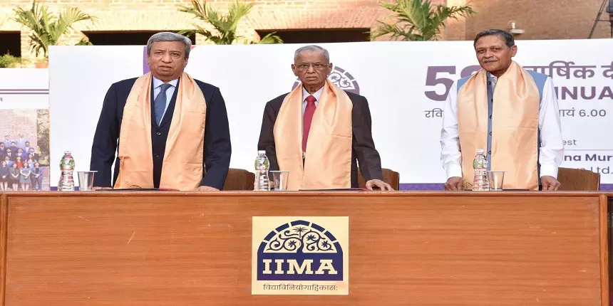 Chairman Pankaj Patel, NR Narayana Murthy, Director Professor Bharat Bhasker at the 58th convocation of IIMA (Image: Official Release)