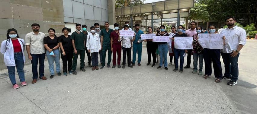 Students protesting at ESIC New Delhi demanding rollback of ESIC faculty transfer orders and to save their careers. (Image: Special Arrangement)