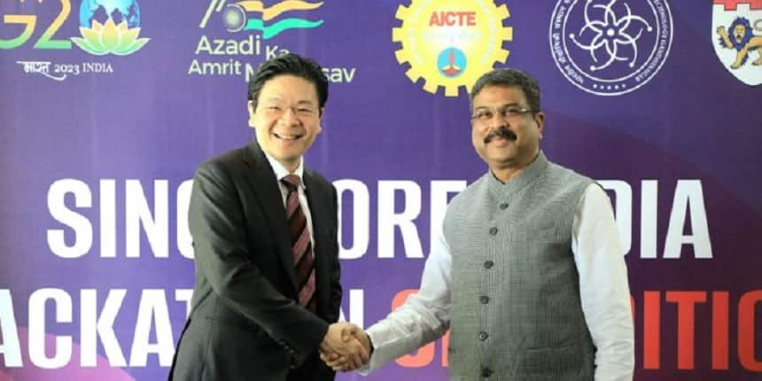 Union education minister Dharmendra Pradhan and Singapore deputy PM Lawrence Wong at Singapore-India (SI) Hackathon (Image: Twitter/@dpradhanbjp)