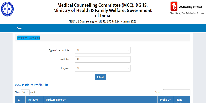 Complete list of participating medical colleges in MCC NEET UG counselling 2023 released. (Image: MCC official website)