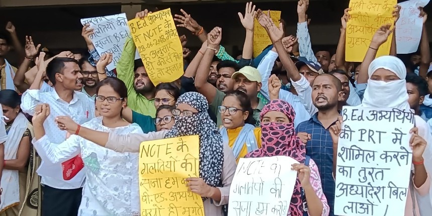 BEd students holding protest at UP's Azamgarh district against Supreme Court order. (Image Source: Special Arrangement)