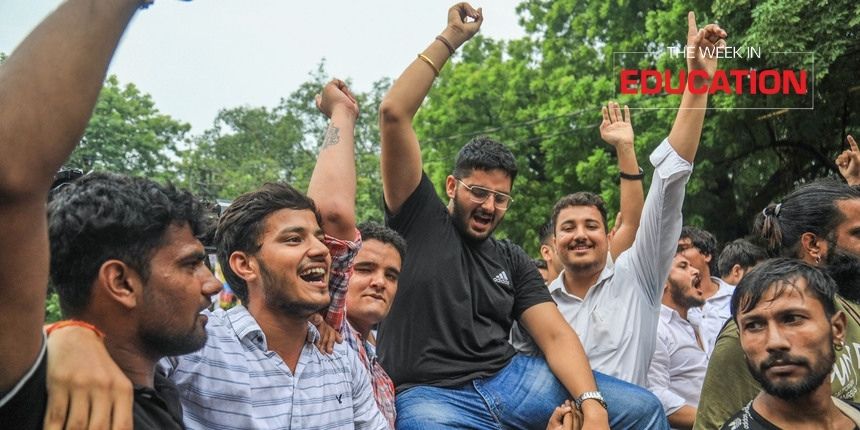 Education News: ABVP celebrating during counting for DUSU election 2023. The week also saw announcement of NTA exam calendar (Image: PTI)