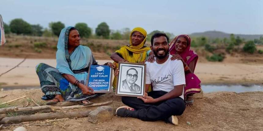 Study Abroad: Vaibhav Sonone celebrated winning the Chevening Scholarship to study in UK with villagers and a photo of BR Ambedkar (Image Courtesy: Vaibhav Sonone)