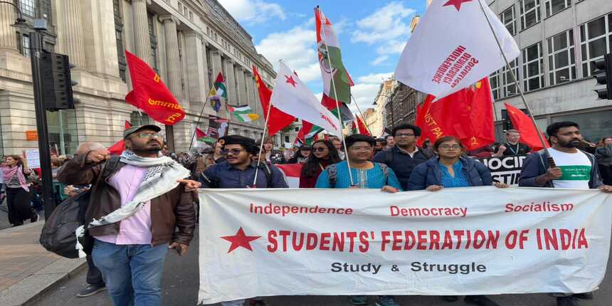 SFI UK participates in the national march for Palestine. (Image: Mayukh Biswas' Facebook account)