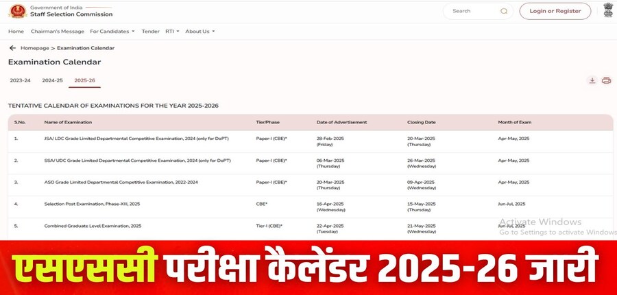 एसएससी परीक्षा कैलेंडर 2025-26 आधिकारिक वेबसाइट ssc.gov.in पर जारी किया गया है। (इमेज-आधिकारिक वेबसाइट)
