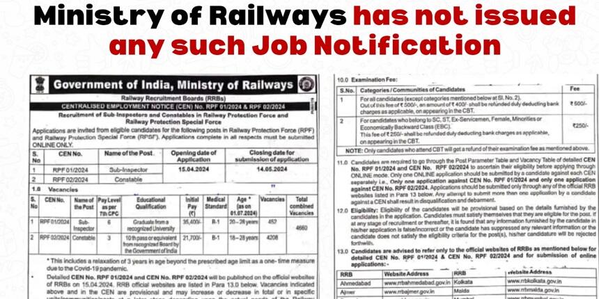 PIB warned against fake notice on RRB SI, constable recruitment 2024. (Image: Official X account/PIB fact check)