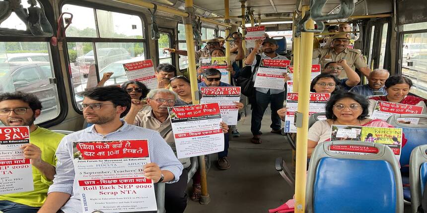 Delhi police detains teachers, students during march against NEP 2020. (Image: JMFE official press release)