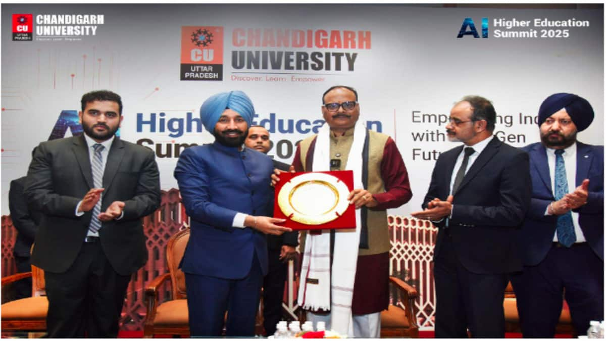 Deputy chief minister of Uttar Pradesh Brijesh Pathak, along with others at the AI High Education Summit 2025. (Image source: Official)