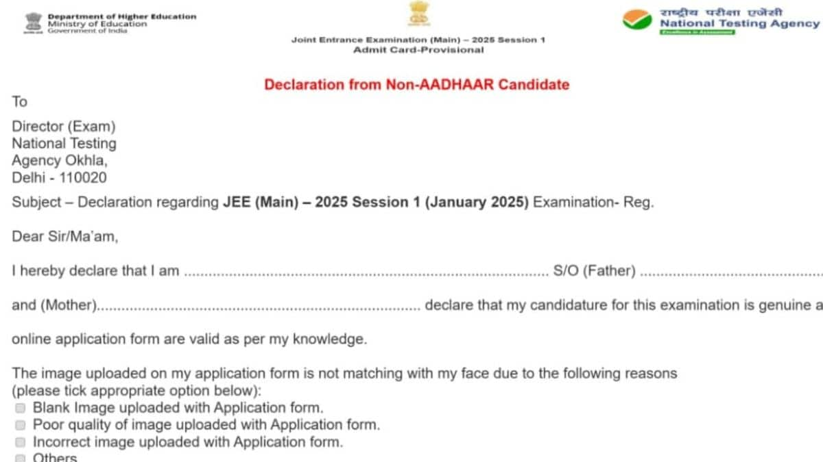 Non-Aadhaar JEE Main 2025 candidates to submit declaration: NTA (Image: Official JEE Main admit card)