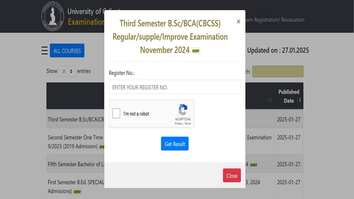 Calicut University 3rd sem result link active now. (Image source: results.uoc.ac.in)