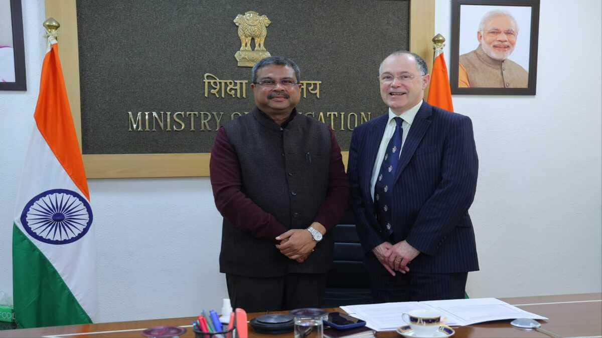 University's president Mark E Smith briefed about the progress of the University campus in Delhi NCR. (Image: Dharmendra Pradhan's official Twitter account)