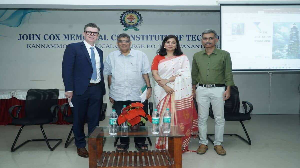 Tim Hannan, chief marketing officer, Coursera; PV Unnikrishnan, member secretary, K-DISC, along with others at John Cox Engineering college Kanamoola, Thiruvananthapuram. (Image source: Official)