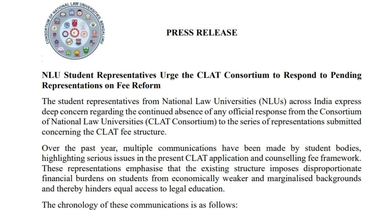 पिछले एक वर्ष में, छात्र संगठनों द्वारा कई पत्र-व्यवहार किए गए हैं, जिनमें वर्तमान CLAT आवेदन और काउंसलिंग शुल्क संरचना में गंभीर मुद्दों पर प्रकाश डाला गया है। (आधिकारिक वेबसाइट)