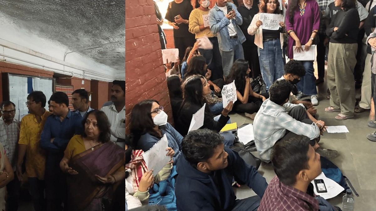 DU students protesting in front of the English department. (Image: Official)