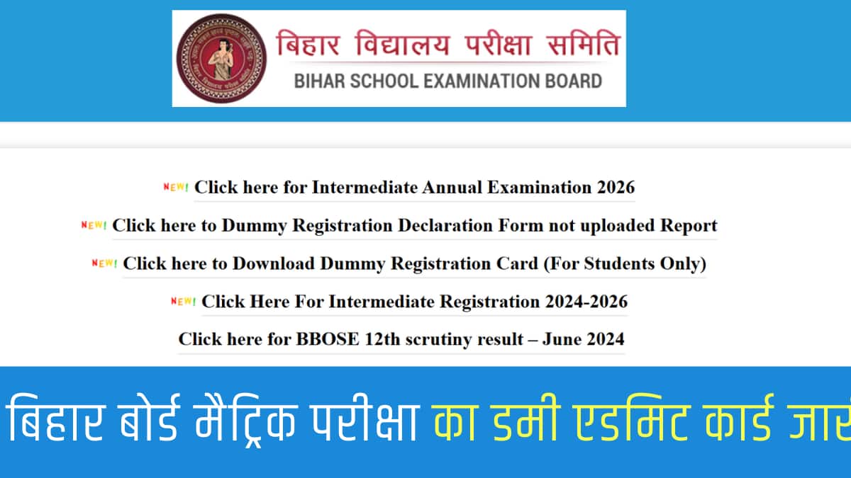 बीएसईबी मैट्रिक डमी एडमिट कार्ड बोर्ड की आधिकारिक वेबसाइट exam.biharboardonline.org पर उपलब्ध है। (आधिकारिक वेबसाइट)