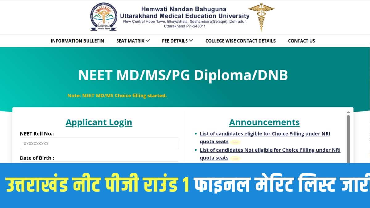 उत्तराखंड नीट पीजी 2025 मेरिट सूची में 10% से 30% तक वेटेज अंक शामिल हैं। (आधिकारिक वेबसाइट)