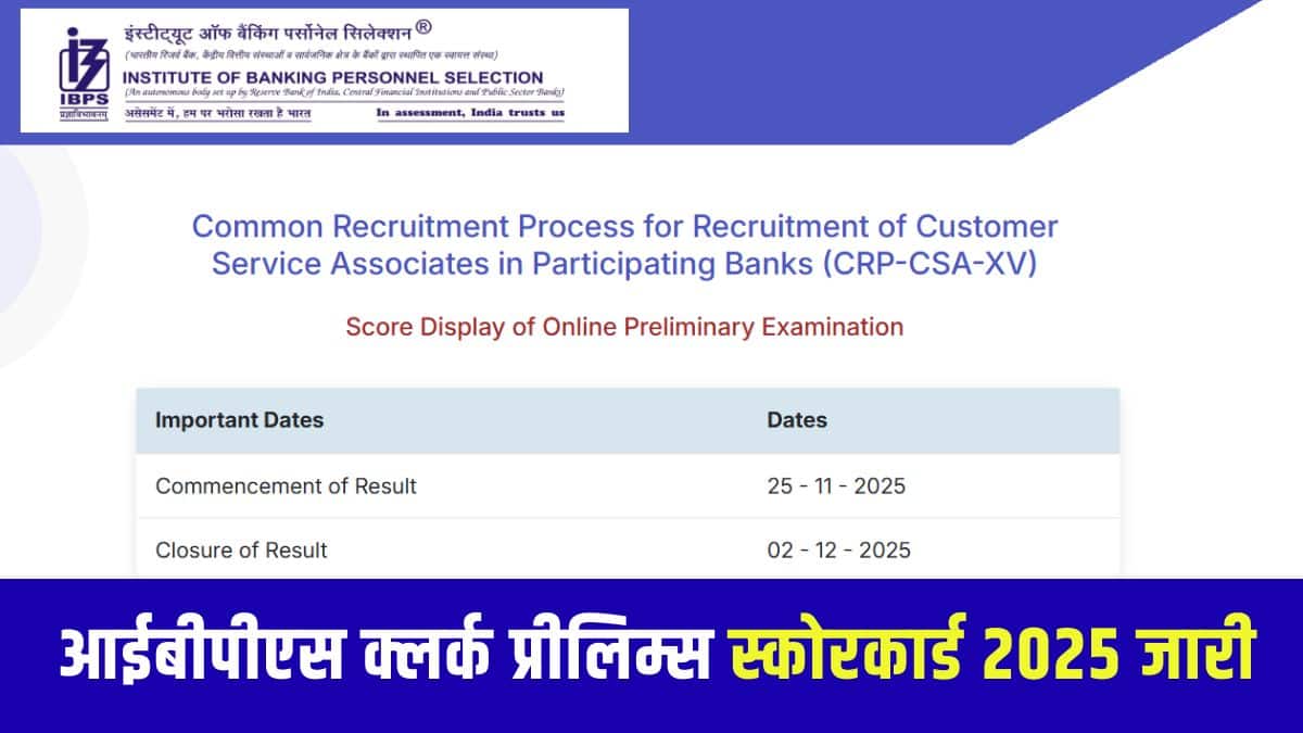 आईबीपीएस क्लर्क स्कोर कार्ड 2025 के साथ, आईबीपीएस ने आधिकारिक आईबीपीएस क्लर्क प्रारंभिक परीक्षा कट ऑफ 2025 अंक भी जारी किए हैं। (आधिकारिक वेबसाइट)