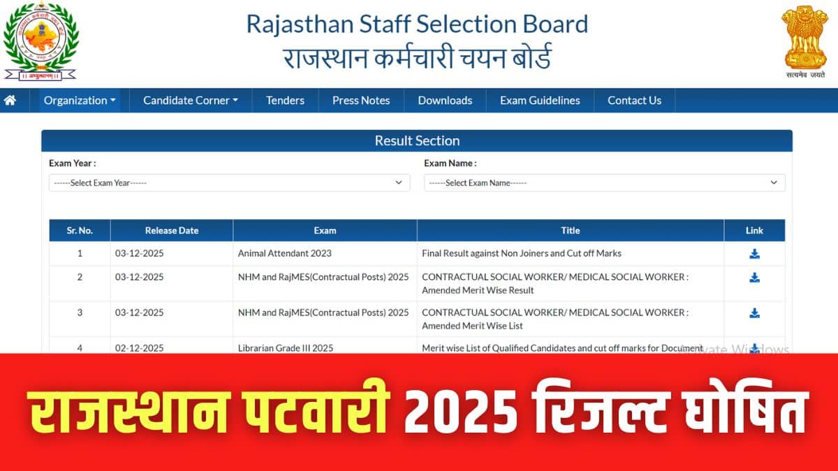 आरएसएसबी पटवारी रिजल्ट पीडीएफ rssb.rajasthan.gov.in पर चेक कर सकते हैं। (इमेज-आधिकारिक वेबसाइट)