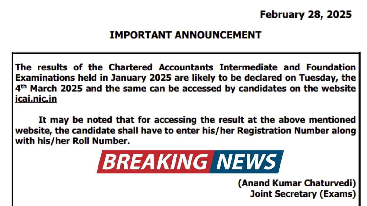 ICAI CA January 2025 results official Date (Out) for Foundation and Intermediate: check details here