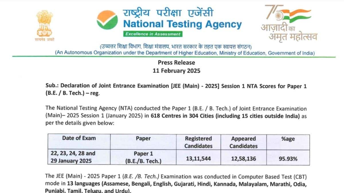 जेईई मेन 2025 पेपर 2 (बी.आर्क/बी.प्लानिंग) के परिणाम बाद में घोषित किए जाएंगे। (आधिकारिक वेबसाइट)