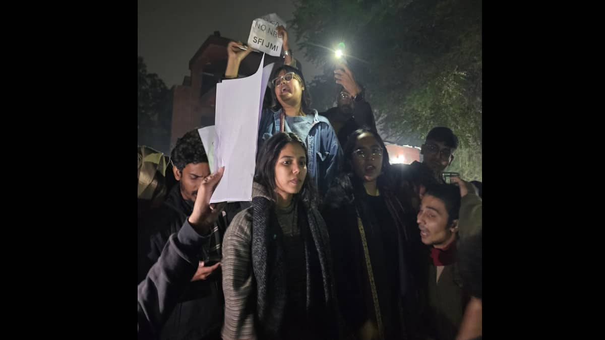 Students organised a protest gathering to commemorate 5 years of Delhi Police brutal attack on the students of JMI. (Image: X/ @JmiSfi)