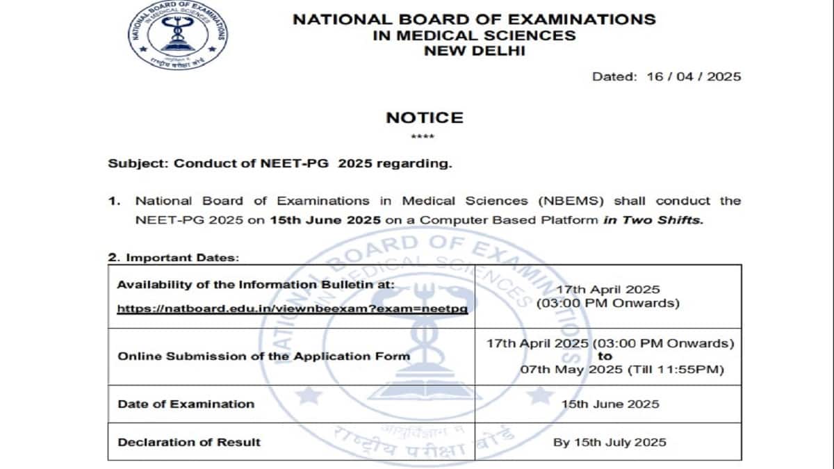 NBEMS announces NEET PG registration date 2025. (Image source: NBE official website)