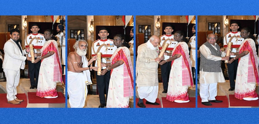यूपी के डॉ सत्यपाल सिंह, गणेश्वर शास्त्री द्रविड़, हृदय नारायण दीक्षित और डॉ श्याम बिहारी अग्रवाल को पद्म श्री अवार्ड से सम्मानित किया गया। (स्त्रोत-आधिकारिक एक्स/@rashtrapatibhvn)