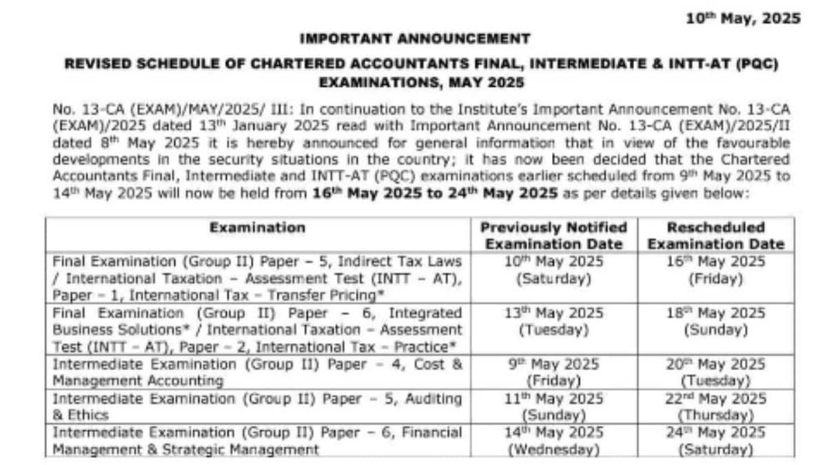 ICAI CA Inter and Final May 2025 Revised Exam Schedule Out: Check details