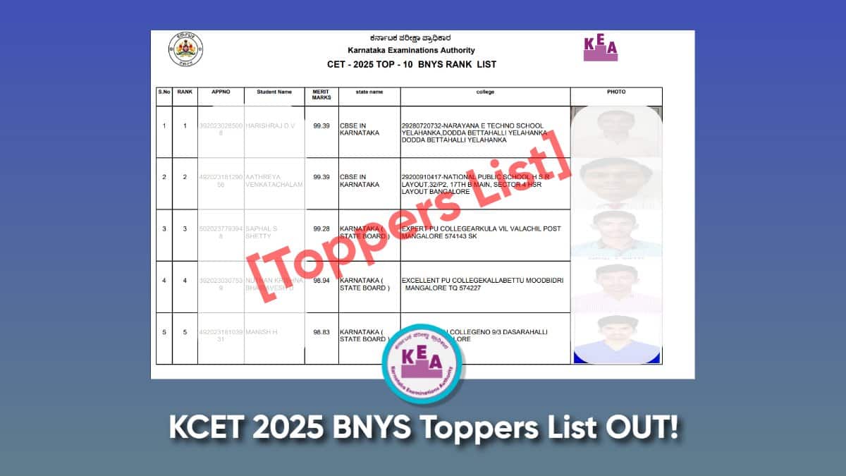 KCET BNYS Toppers List 2025 (Out), Check Names, Rank, Marks