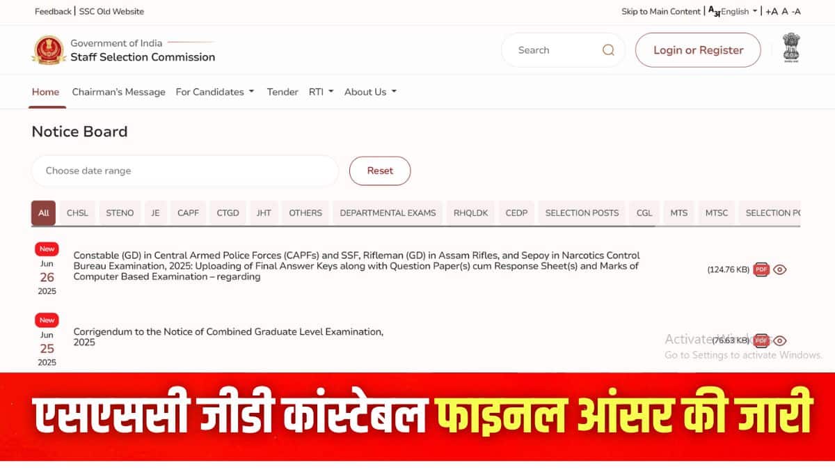 आयोग द्वारा एसएससी जीडी कांस्टेबल 2025 रिजल्ट 17 जून, 2025 को जारी किया गया। (इमेज-आधिकारिक वेबसाइट)