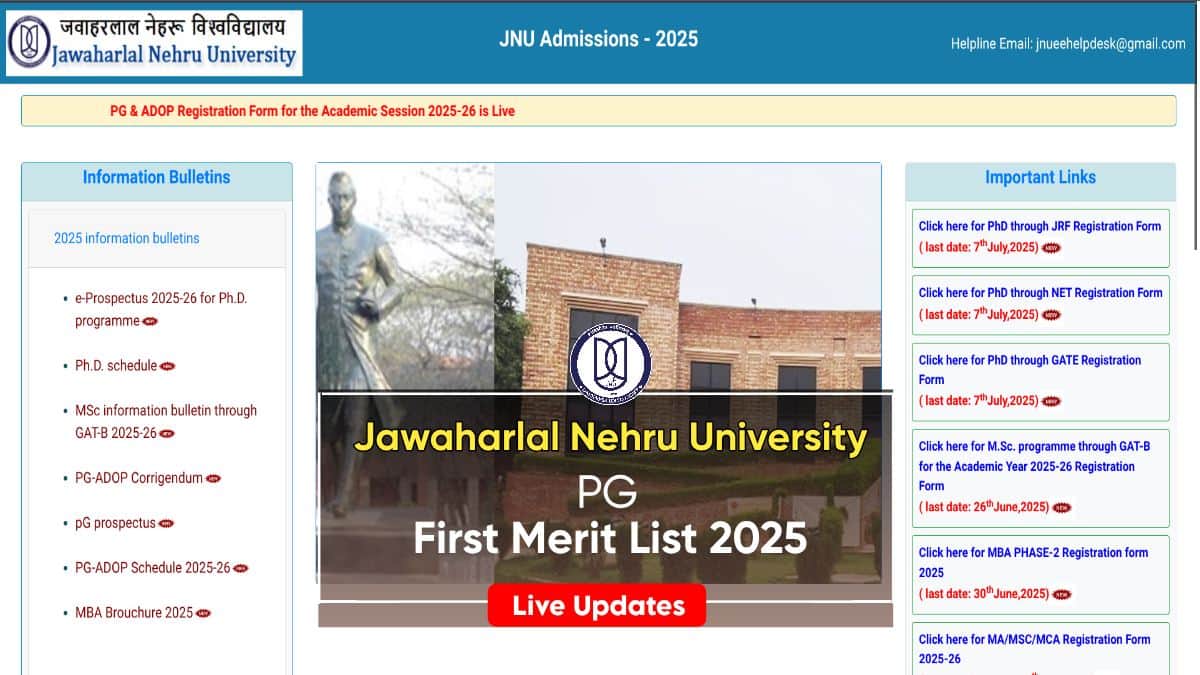 JNU PG First Merit List 2025 Live Updates, How To Check 1st Admission List For MSc, MA