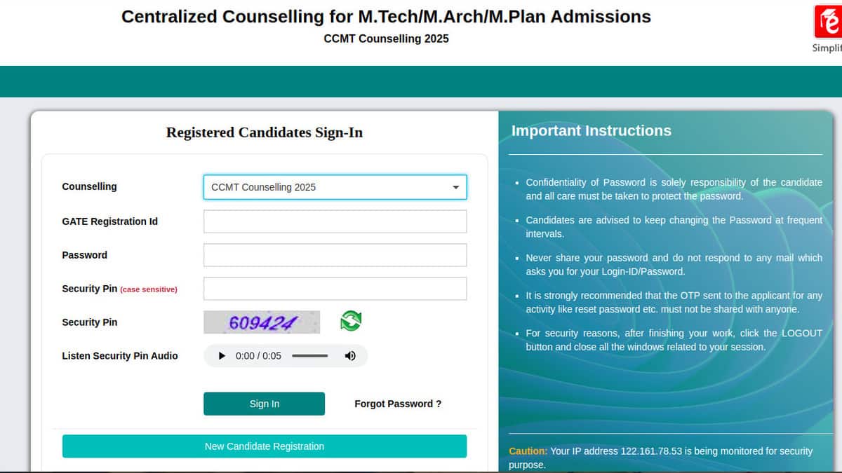 CCMT Counselling 2025 registration deadline extended for admission to MTech, MArch, and MPlan. (Image source: Official website)