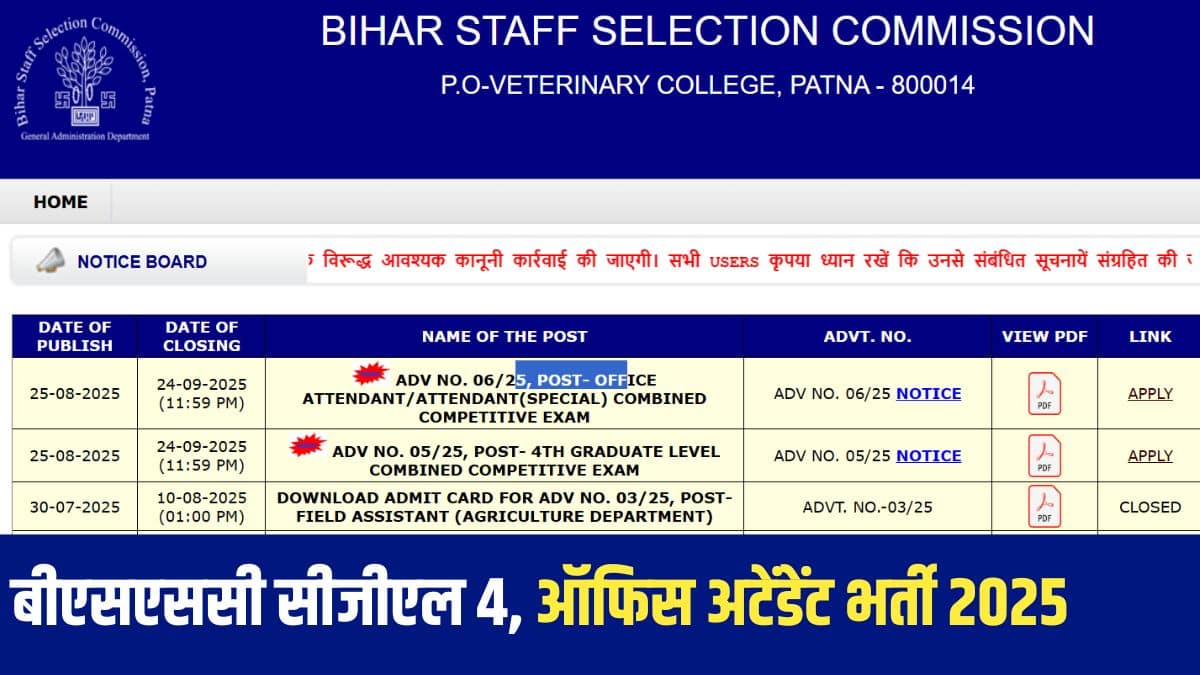 BSSC Recruitment 2025: बीएसएससी सीजीएल 4, ऑफिस अटेंडेंट पदों पर आवेदन की लास्ट डेट नजदीक
