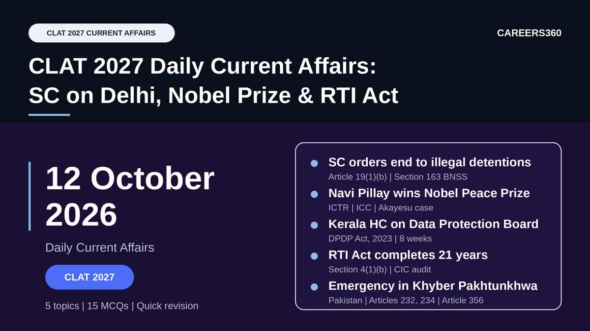 CLAT 2027 Current Affairs October 12, 2026 | Delhi Detentions, Nobel Peace Prize, DPDP Board, RTI Act