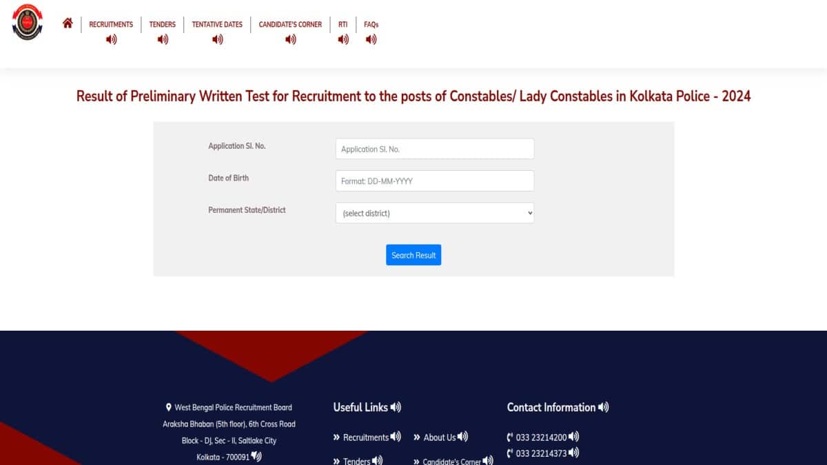 Kolkata Police constable 2026 preliminary written test result announced. (Image: Official website)