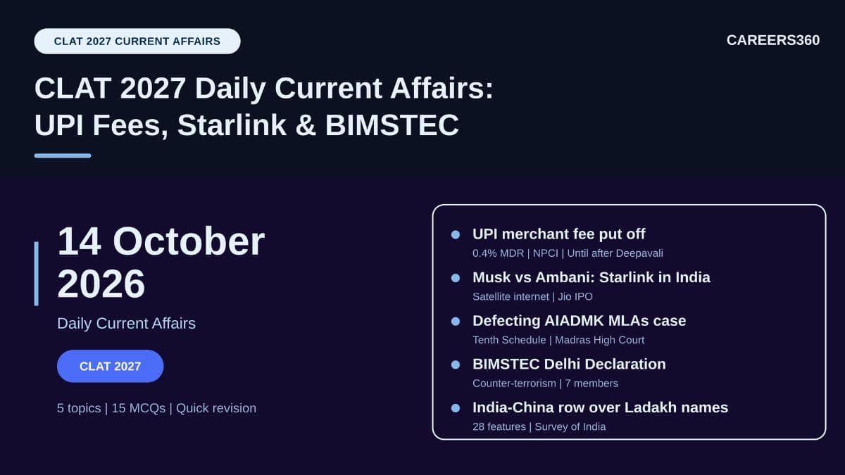 CLAT 2027 Current Affairs October 14, 2026 | UPI Fees, Starlink vs Jio, AIADMK MLAs, BIMSTEC, Ladakh