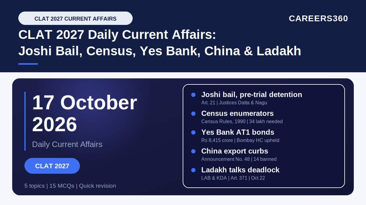 CLAT 2027 Current Affairs October 17, 2026 | Joshi Bail, Census, Yes Bank, China Curbs, Ladakh Talks