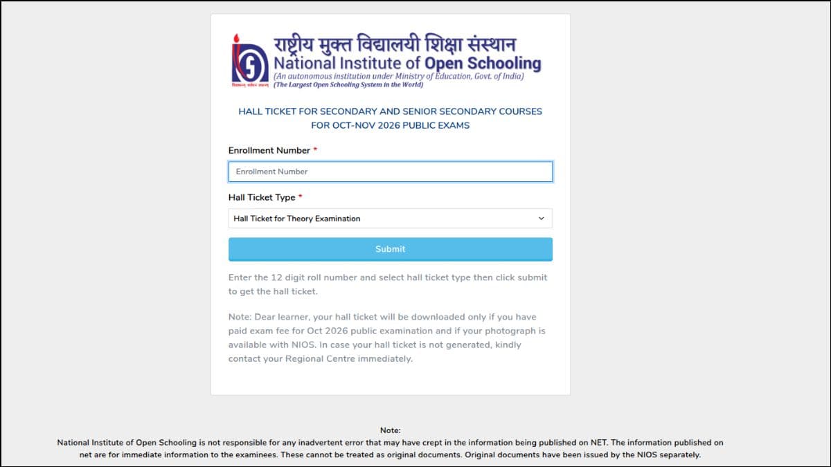 NIOS October 2026 Session: Check admit card, exam date, subjects and code here (Image: sdmis.nios.ac.in)