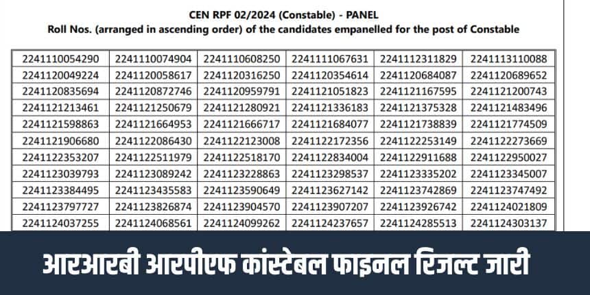 आरपीएफ कांस्टेबल 2024-25 का अंतिम परिणाम आधिकारिक वेबसाइट rpf.indianrailways.gov.in पर मेरिट सूची पीडीएफ के साथ अपलोड कर दिया गया है। (आधिकारिक वेबसाइट)