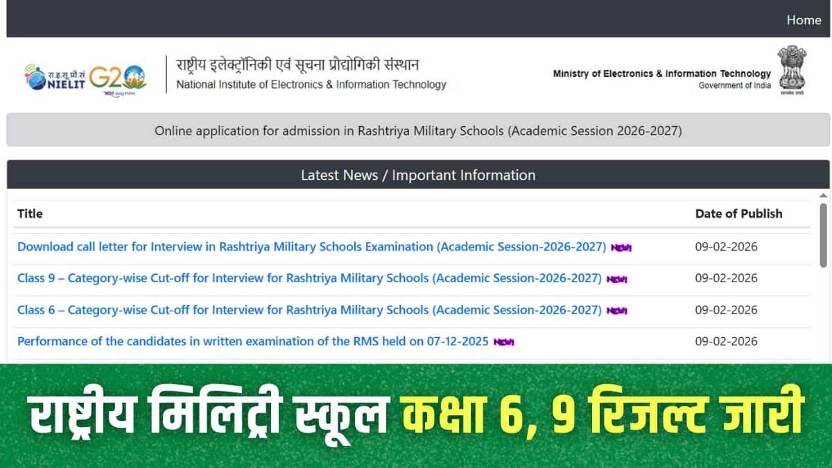 RMS CET Result 2026: राष्ट्रीय मिलिट्री स्कूल कक्षा 6 और 9 का रिजल्ट घोषित, इंटरव्यू के लिए कॉल लेटर भी जारी