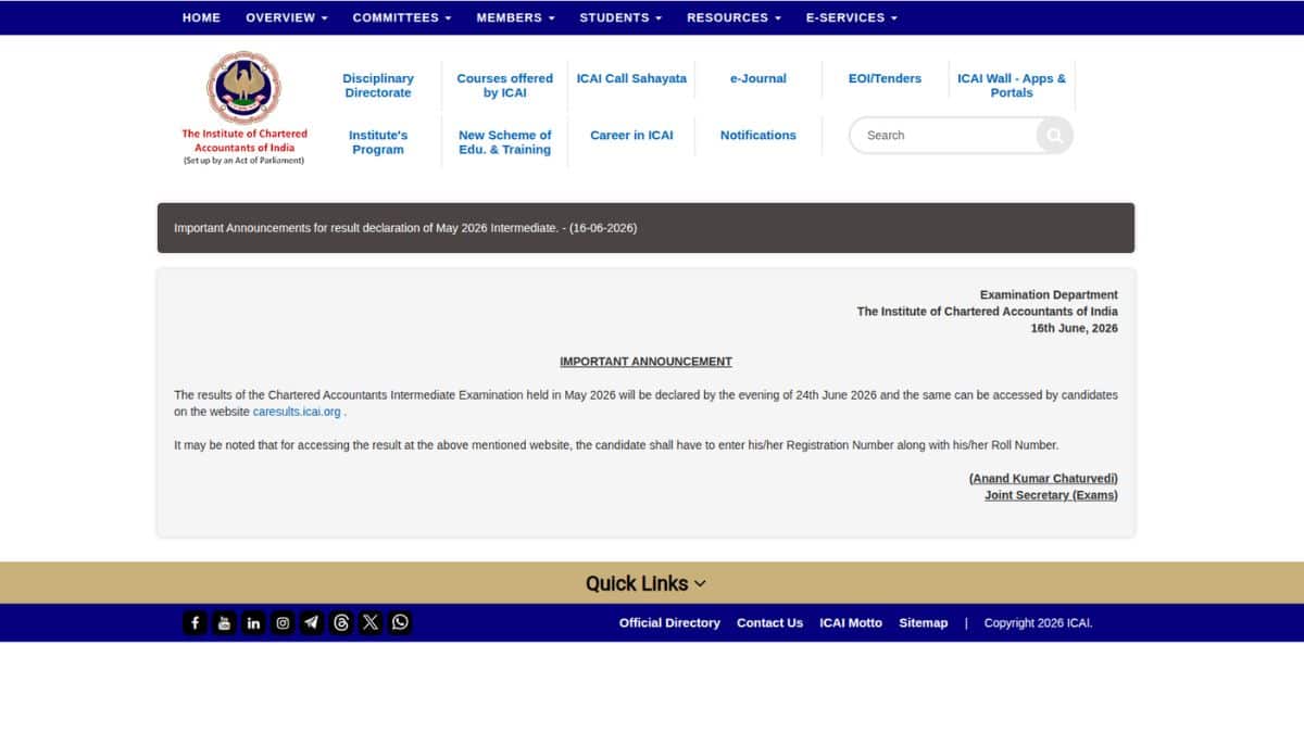 ICAI CA Intermediate May Result 2026 next week; direct link, login details and next steps (Image: www.icai.org)