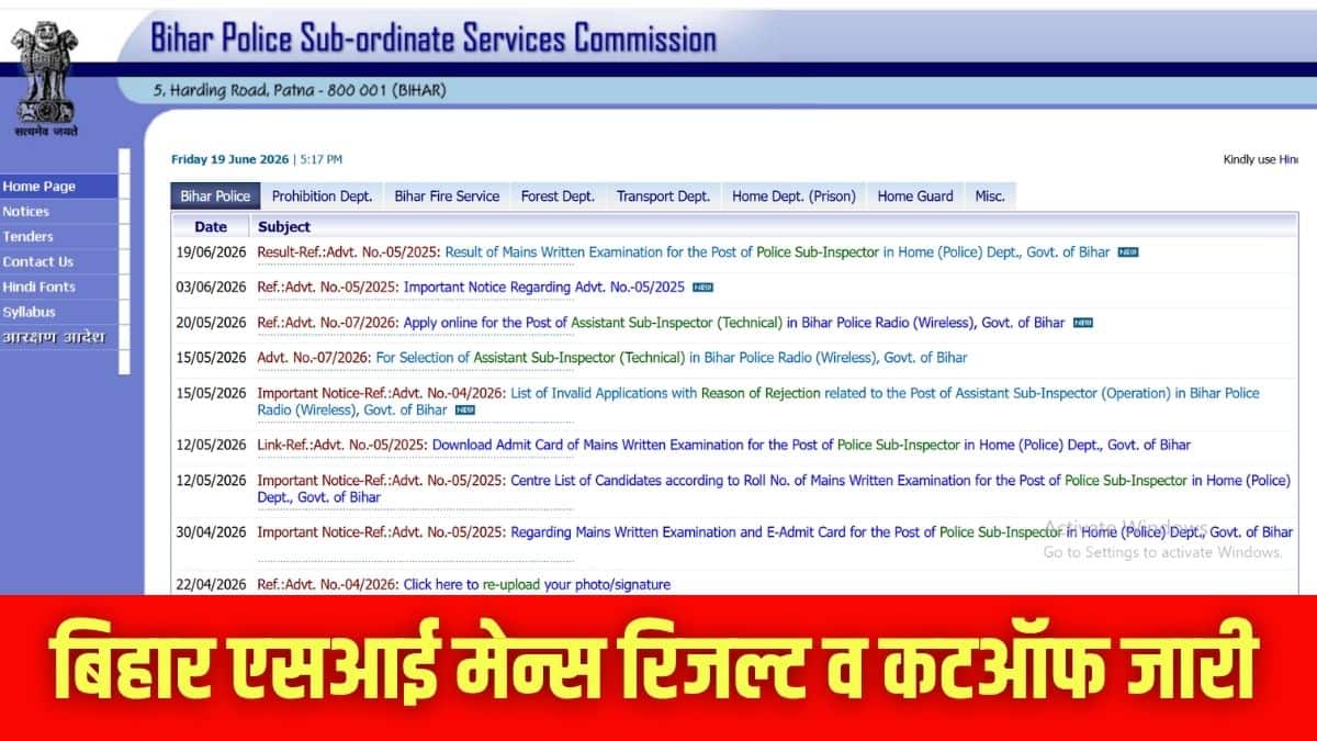 बिहार एसआई मेंस रिजल्ट व कट-ऑफ मार्क्स आधिकारिक वेबसाइट bpssc.bihar.gov.in पर उपलब्ध है। (इमेज-आधिकारिक वेबसाइट)