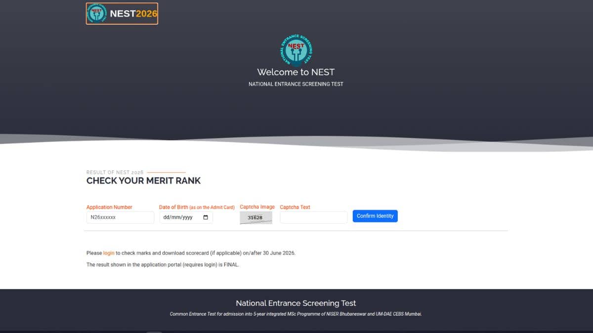 NEST 2026 merit rank list out (Image: nestexam.in)